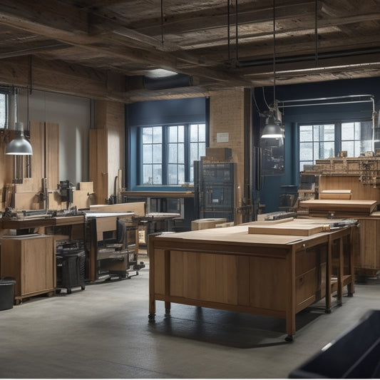A modern workshop with a sleek CNC machine in the center, surrounded by various wooden doors in different stages of customization, with tools and design blueprints scattered around.