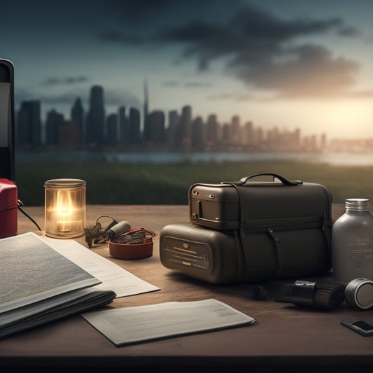 A serene background with a centered, open emergency preparedness binder, surrounded by scattered vital items like a flashlight, first aid kit, and a battery-powered radio, with a subtle cityscape or natural disaster scene blurred in the distance.