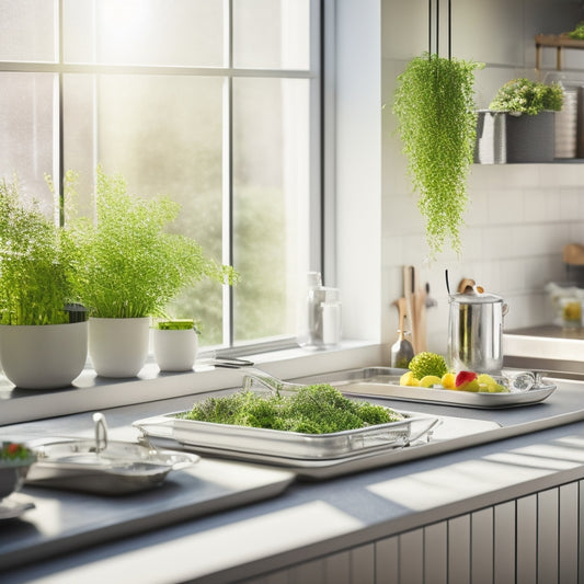 A sleek, modern expandable dish rack sits on a bright kitchen counter, filled with gleaming dishes and utensils, surrounded by fresh herbs in pots, sunlight streaming through a nearby window, enhancing the clean, organized space.