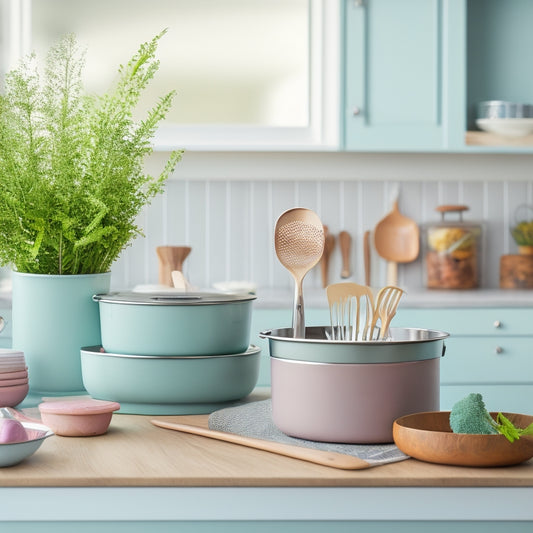 A modern kitchen countertop featuring elegant stackable containers in soft pastel colors, filled with various utensils like spatulas, whisks, and spoons, surrounded by fresh herbs and a wooden cutting board for a cozy ambiance.