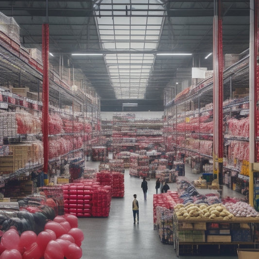 A bustling warehouse interior with rows of shelves stacked with discounted products, bright colorful balloons and streamers, and shoppers eagerly grabbing items with big red "SALE" tags.
