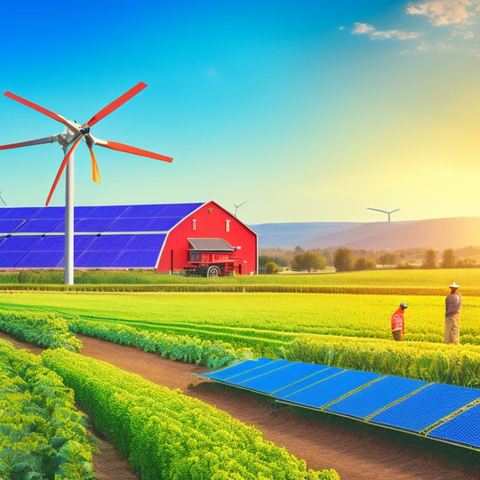 An illustration depicting a lush, vibrant farm with solar panels and wind turbines in the background, a diverse group of people harvesting fresh produce, and a faint outline of the American flag in the sky.