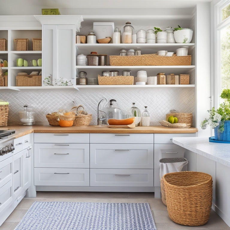 A bright, modern kitchen with white cabinets, soft natural light, and a tidy pantry featuring labeled baskets, stackable containers, and a pegboard with hooks, all organized in a harmonious, clutter-free space.