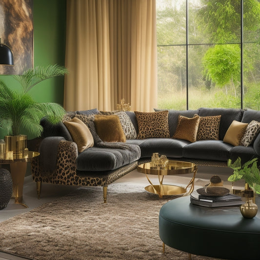 A luxurious living room with a leopard print rug, velvet sofa, and accent pillows, surrounded by lush greenery and metallic accents, bathed in warm, golden lighting.