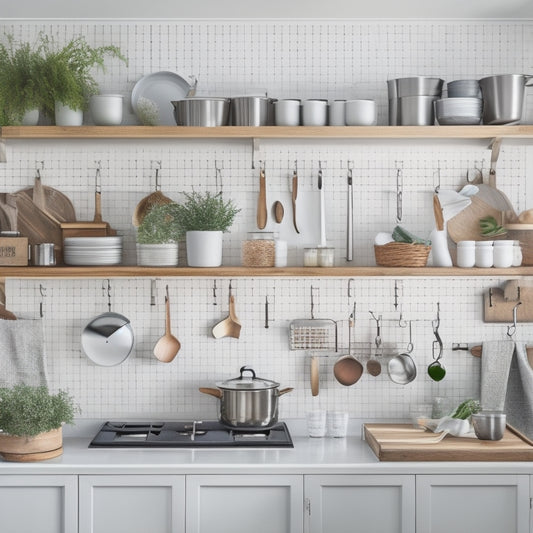 An organized kitchen with sleek white cabinets, a stainless steel island, and a pegboard adorned with hanging pots, pans, and utensils, surrounded by a blend of natural and industrial textures.