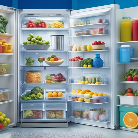 Illustrate a refrigerator interior with categorized shelves and compartments, showcasing organized food storage with colorful fruits, vegetables, meats, dairy, and leftovers, highlighting optimal storage zones.