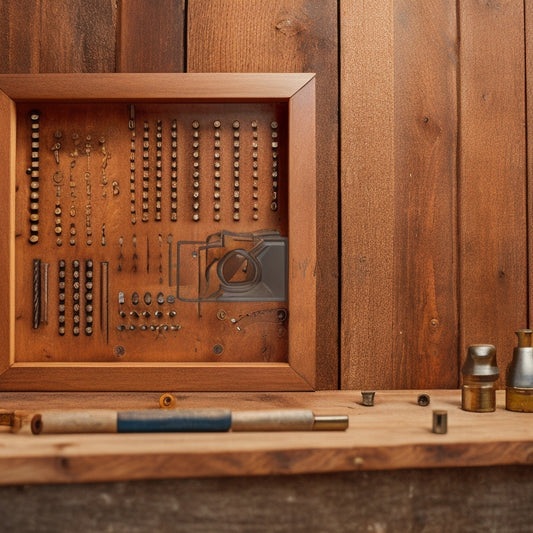A close-up of a precision drill template, with various holes and markings, placed on a wooden cabinet door, surrounded by drill bits and screws, with a faint background of a workshop or construction site.