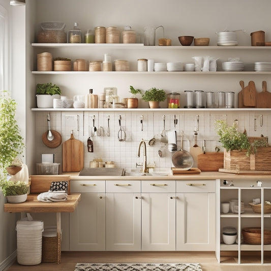 A cozy, modern kitchen showcasing clever storage solutions: wall-mounted shelves with jars, a pegboard with utensils, a compact rolling cart, under-sink organizers, and a magnetic knife strip, all bathed in warm, natural light.