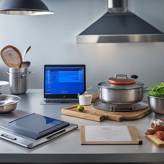 A clean and modern commercial kitchen with a laptop on a stainless steel counter, surrounded by utensils, ingredients, and a chef's hat, with a subtle background of a certificate or diploma.
