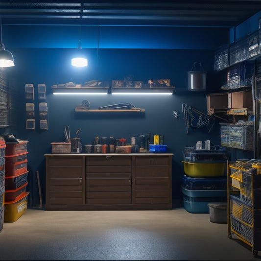 A dimly lit, cluttered garage with tools and boxes scattered everywhere, contrasted with a sleek, organized storage cabinet in the corner, with gleaming metal handles and neatly stacked containers.