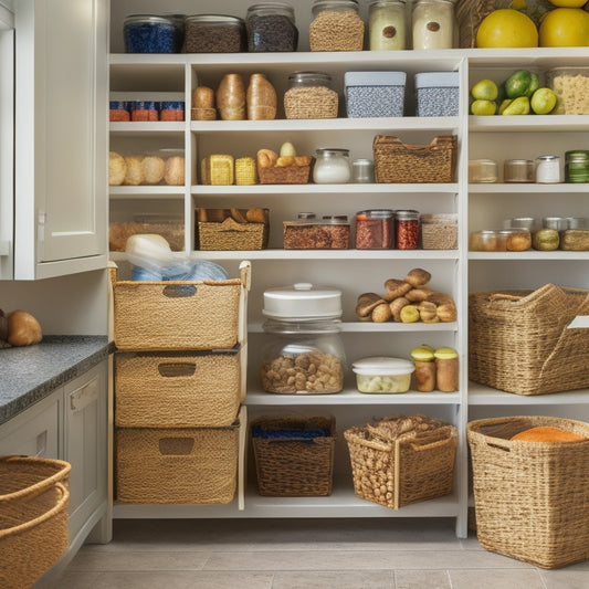 A tidy kitchen pantry with labeled jars, baskets, and bins on shelves, accompanied by a small clipboard with a checked-off list, and a few fresh groceries on the counter.