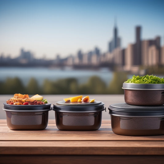 A still life composition featuring 5-7 meal prep containers in various sizes and shapes, stacked and arranged on a rustic wooden table, with a blurred cityscape in the background.