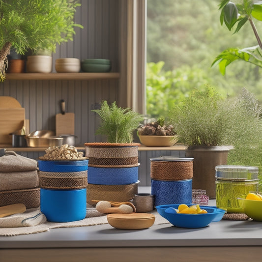 A vibrant kitchen scene featuring colorful, eco-friendly stackable storage containers made from bamboo and recycled plastic, filled with grains and spices, surrounded by lush greenery and wooden utensils, bathed in natural sunlight.