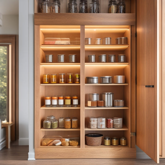 A modern pantry cabinet with sleek, adjustable sliding drawers. The drawers showcase neatly organized jars, spices, and canned goods, surrounded by warm wood tones and soft ambient lighting, highlighting functionality and elegance.