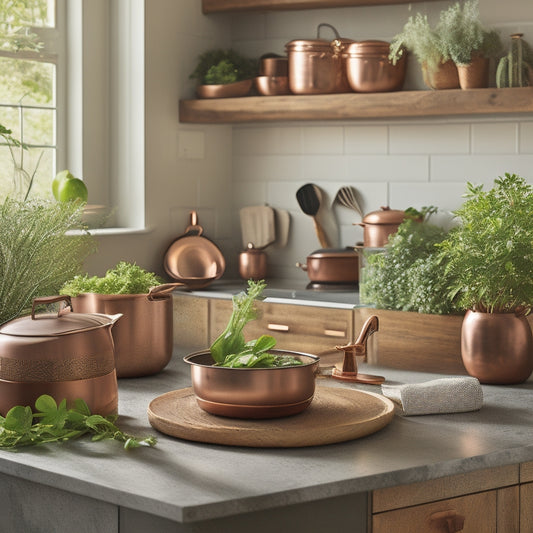 A warm, golden-lit kitchen with a few, well-placed, rustic wooden utensils, a small, lush green plant, and a few, artfully arranged, copper accents on crisp, white countertops.
