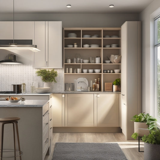 A modern kitchen with sleek, handleless cabinets, a pull-out pantry with tiered shelves, and a rotating Lazy Susan corner unit, bathed in soft, warm lighting.