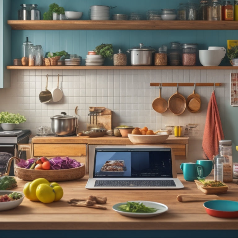 A tidy kitchen with open shelves and cabinets, featuring various food items and cooking utensils, alongside a laptop with an open digital inventory spreadsheet on the screen.