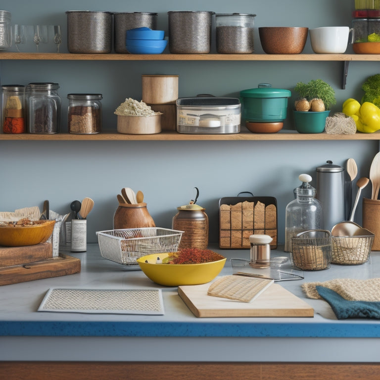 A tidy kitchen counter with a mounted wooden recipe board, a labeled spice rack, and a stack of neatly organized recipe binders in various colors, surrounded by a few scattered utensils.