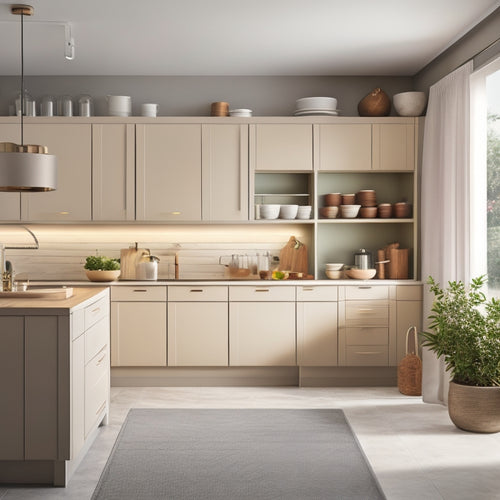 A serene, modern kitchen with sleek, handleless cabinets, a massive island, and a neutral color palette, clutter-free except for a few, carefully placed, thoughtfully designed storage containers.