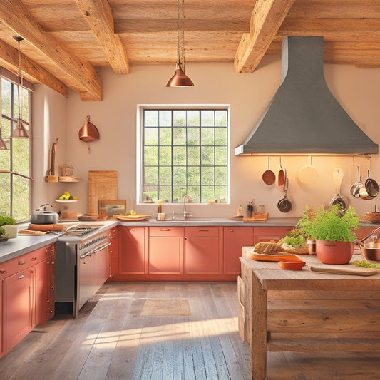 A modern kitchen featuring a stylish pot rack suspended from a vaulted ceiling, with hanging copper pots and pans. Sunlight streams through skylights, illuminating rustic wooden beams and a cozy, inviting atmosphere.