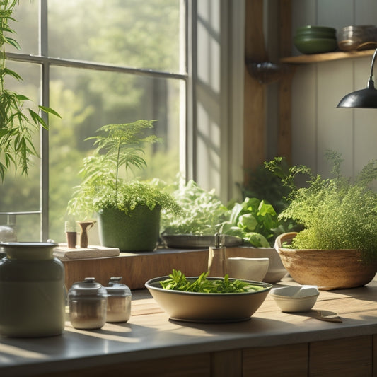 A serene kitchen scene showcasing a bamboo dish drainer, surrounded by potted herbs, sunlight filtering through a window, and eco-friendly dishware, emphasizing sustainability and a connectedness to nature.