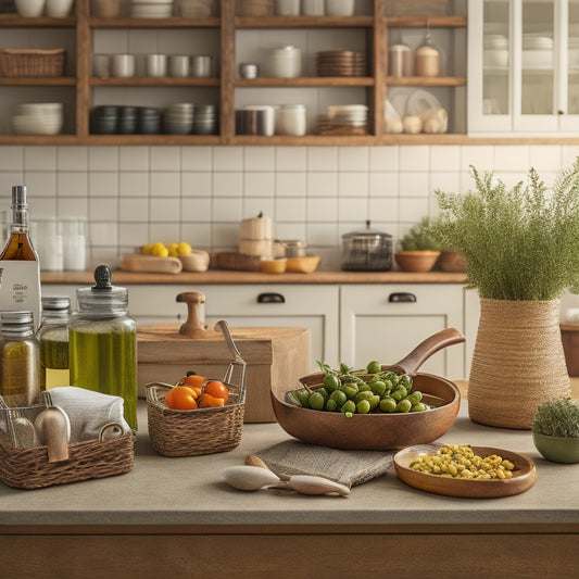 A tidy kitchen counter with a few strategically placed baskets, a utensil organizer, and a small whiteboard with magnets, surrounded by a few artfully arranged kitchen staples like olive oil and spices.