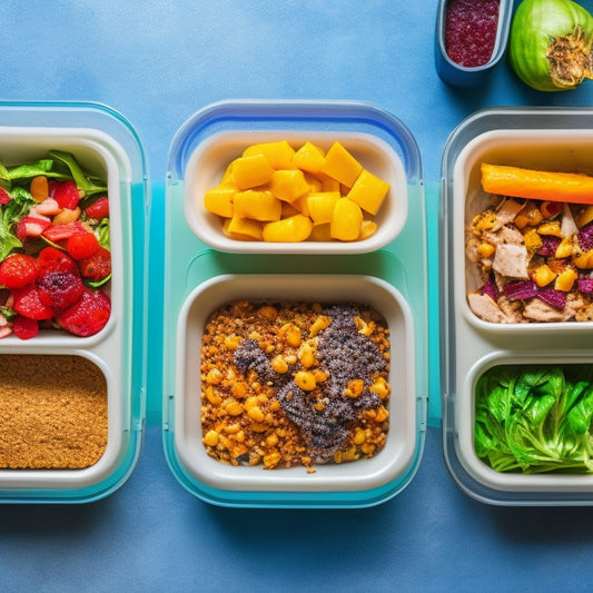 A colorful, organized kitchen counter with five identical portioned meal prep containers, each containing a different healthy meal: grilled chicken, quinoa salad, roasted vegetables, lentil soup, and overnight oats.
