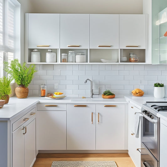 A bright, modern small kitchen with sleek white cabinets, a stainless steel sink, and a minimalist backsplash, featuring a pull-out pantry, a utensil organizer, and a wall-mounted pot rack.