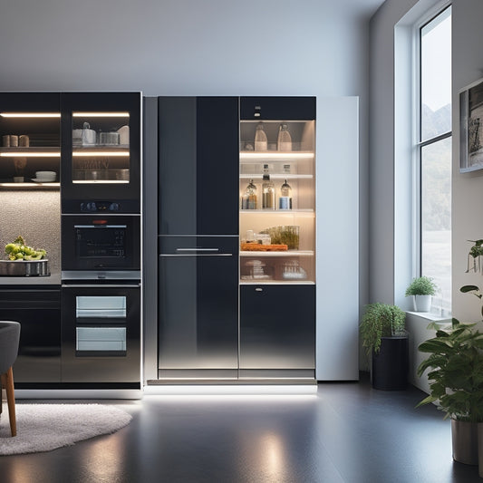 A modern kitchen with sleek, minimalist cabinets, featuring a smart storage system with transparent containers, automated shelves, and a futuristic, touch-sensitive fridge with a large, circular display.