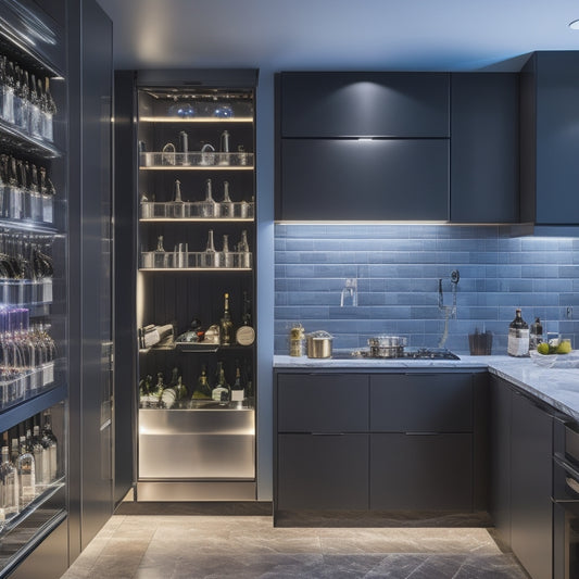 A modern kitchen with sleek, high-gloss cabinets, featuring a built-in wine rack with 12 bottles, illuminated by soft LED lighting, and surrounded by stylish kitchen utensils and gourmet cookbooks.
