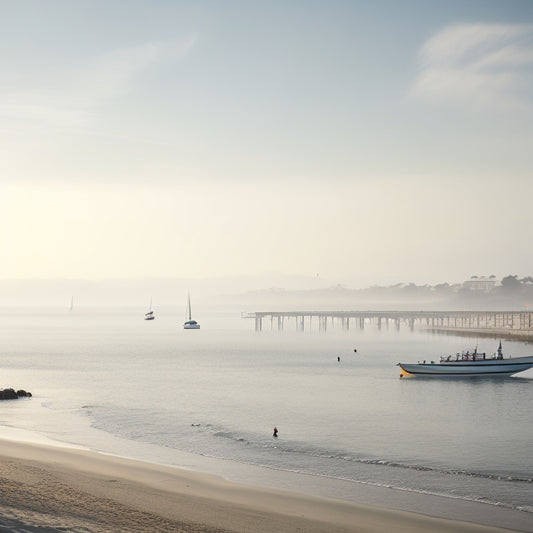 A serene beachside scene with a subtle misty atmosphere, featuring a few sailboats and surfers in the distance, with a faint outline of the Santa Cruz Pier and a few luxury homes in the foreground.