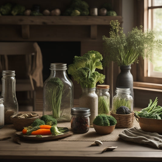 A rustic wooden table with 5-7 mason jars of varying sizes, filled with an assortment of fresh vegetables like carrots, broccoli, and leafy greens, surrounded by natural linens and earthy tones.