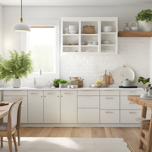 A bright, modern kitchen with creamy white cabinets, light gray countertops, and a small, round wooden table in the corner, showcasing a mix of open shelves, hanging pots, and sleek storage units.