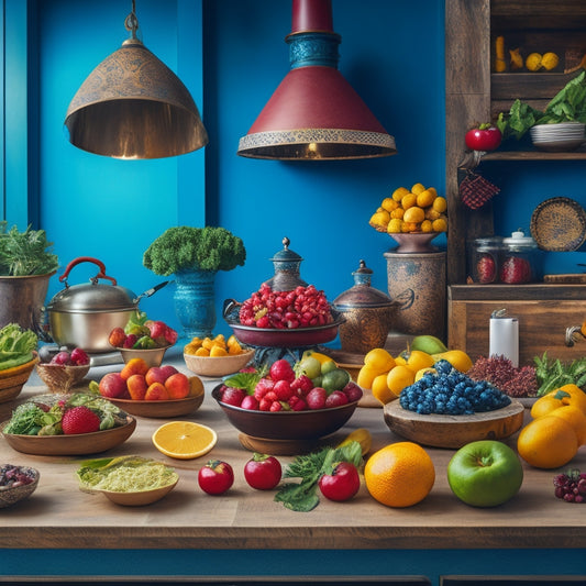 A vibrant, modern kitchen background with a large, ornate wooden table at its center, adorned with a tiered serving dish of diverse, fresh fruits and vegetables, surrounded by chef hats and utensils.