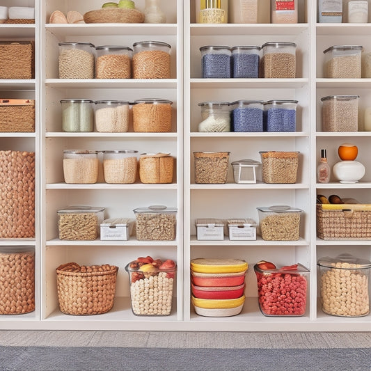 A stylish, organized pantry with neutral-toned shelves, featuring a mix of glass jars, baskets, and bins, adorned with colorful, custom-designed labels in various shapes and sizes.