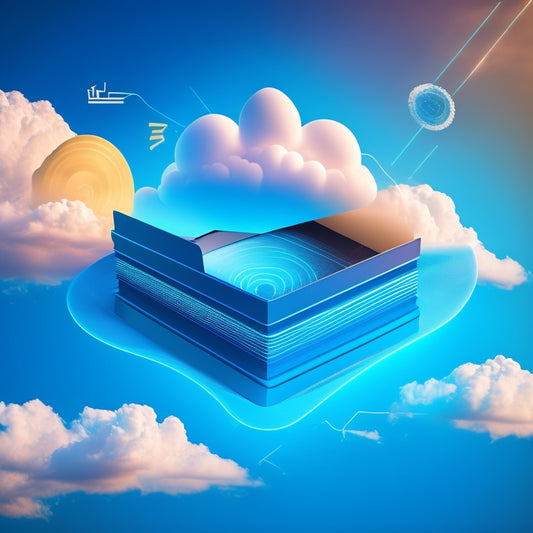 A stylized illustration of a cloud with a file folder at its center, surrounded by speeding arrows and glowing blue lines, conveying efficient data transfer and swift access.