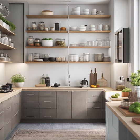 Visualize a modern compact kitchen featuring sleek, pull-out shelves, magnetic spice racks on the wall, under-cabinet lighting illuminating organized pots and pans, and a multi-functional island with hidden storage compartments.