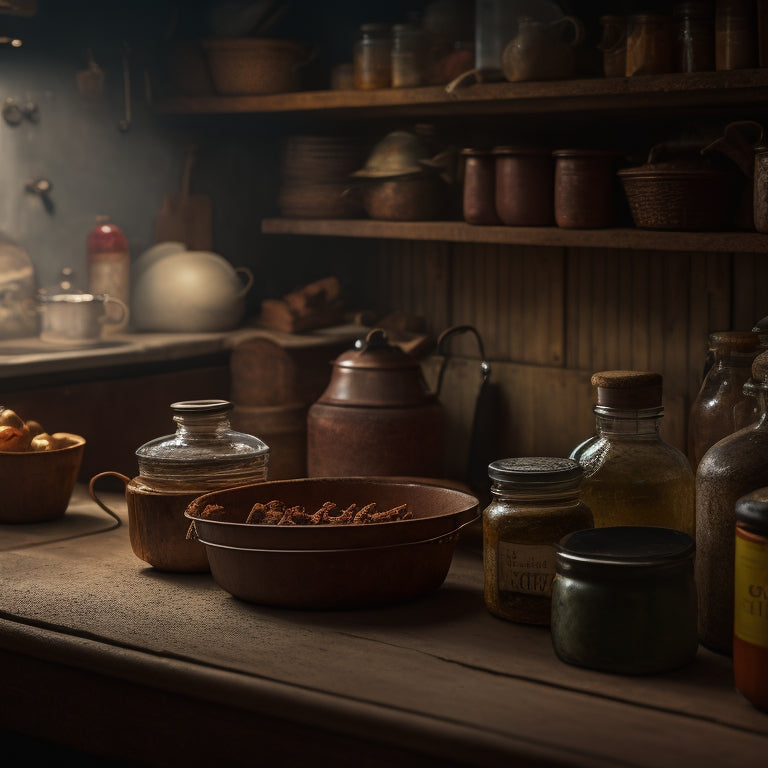 A dimly lit, cluttered kitchen with a worn, wooden countertop, featuring a partially open, rusty bread box, and a dusty, forgotten spice rack with old, faded labels.