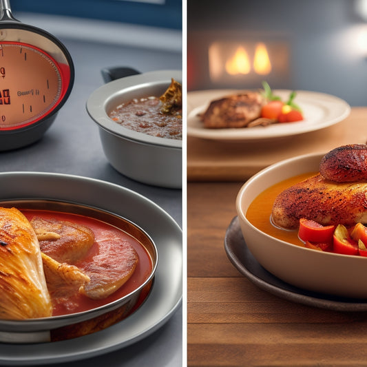 A split-screen illustration featuring a thermometer inserted into a juicy roasted chicken breast, a perfectly cooked beef patty, and a steaming hot bowl of soup, with subtle temperature gauges in the background.