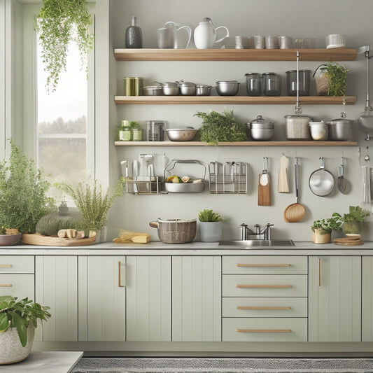 A bright kitchen scene featuring a sleek, multi-purpose cabinet organizer. Show open cabinets displaying neatly arranged pots, pans, spices, and utensils, with a touch of greenery from potted herbs on a nearby countertop.