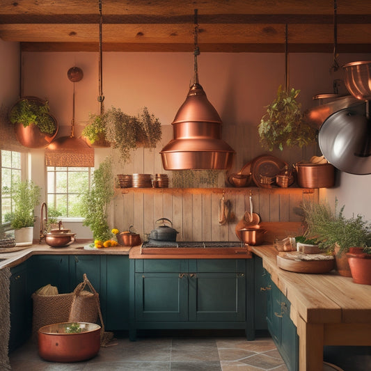 A cozy tiny kitchen featuring a rustic ceiling-mounted pot rack, elegantly displaying copper pots and pans, under warm pendant lighting. Wooden beams above, with herbs hanging from twine, and a minimalist wooden table below.