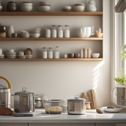 A tidy kitchen with sturdy metal shelves, stacked with cookbooks, ceramic jars, and stainless steel appliances, against a warm beige background, with soft natural light and subtle shadows.