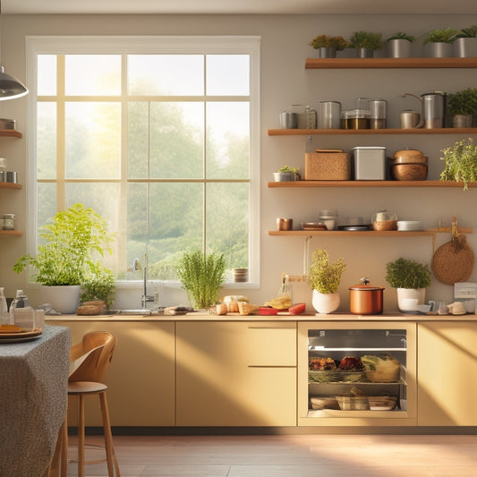 A modern kitchen featuring sleek, foldable shelves against a bright wall, displaying neatly organized spices and utensils, with a clean countertop and potted herbs, illuminated by warm, natural light streaming through a window.