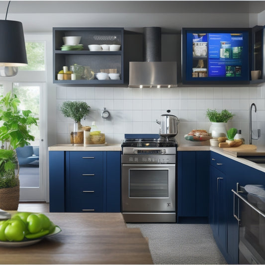 A modern kitchen with a large touchscreen tablet on the counter, surrounded by open cabinets and shelves stocked with organized food and cookware, with a few items digitally tagged and tracked on the screen.