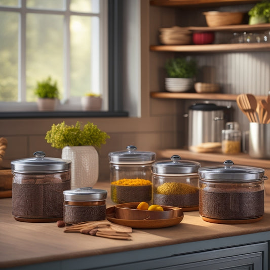 A sleek kitchen scene showcasing a stylish over-the-door pot lid organizer, featuring shiny stainless steel lids neatly arranged, vibrant spices in jars, and a cozy wooden cabinet in the background. Warm, natural lighting enhances the inviting atmosphere.