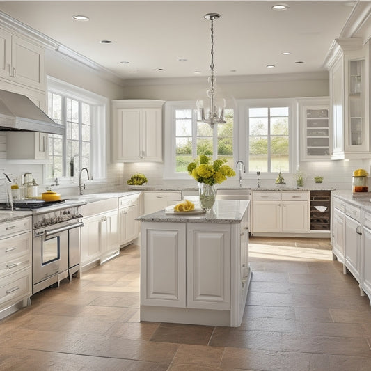 A bright, sleek kitchen with cream-colored cabinets, polished chrome fixtures, and a massive center island featuring a built-in cooktop, surrounded by warm, honey-colored hardwood flooring and large windows.