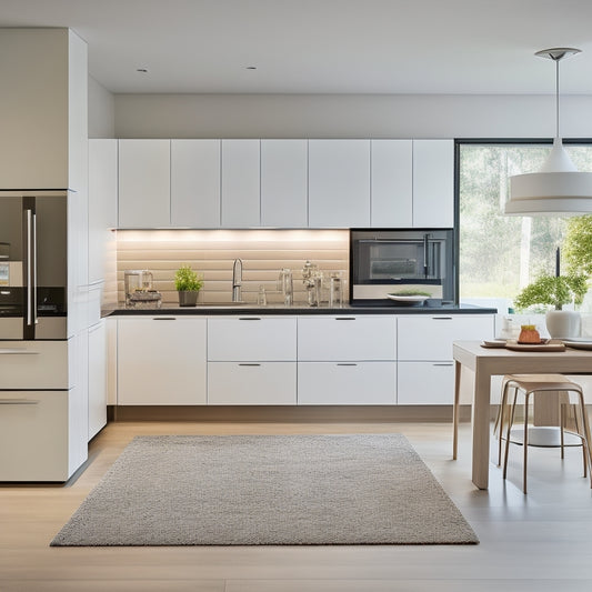 A sleek, modern kitchen with a compact island featuring a built-in appliance garage with sliding doors, surrounded by minimalist white cabinets and a neutral-toned countertop.