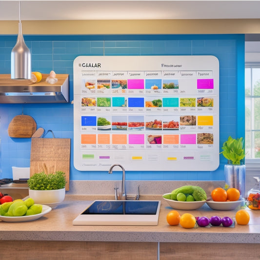 A modern kitchen with sleek countertops, a large island, and a digital tablet mounted on the wall, displaying a colorful, organized meal planning calendar with icons and checkboxes.