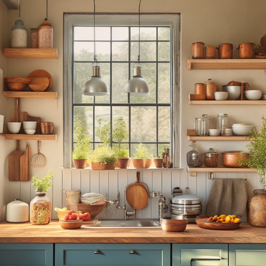 A bright, modern kitchen with rustic wooden shelves, industrial metal brackets, and a mix of decorative ceramic jars, heavy cookbooks, and large kitchen appliances, illuminated by natural light.