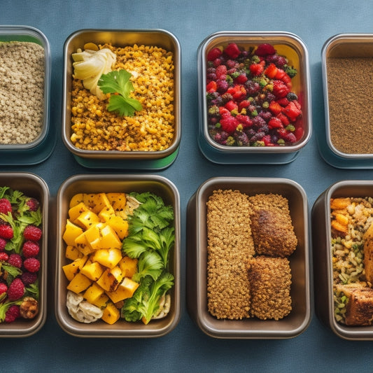 A photograph of a kitchen counter with five identical, transparent, rectangular containers, each filled with a different colorful meal prep option (grilled chicken, quinoa salad, roasted vegetables, brown rice, and mixed berries).